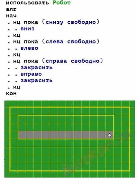 Для стартовой обстановки изображенной на рисунке написана программа робот находится слева от стены